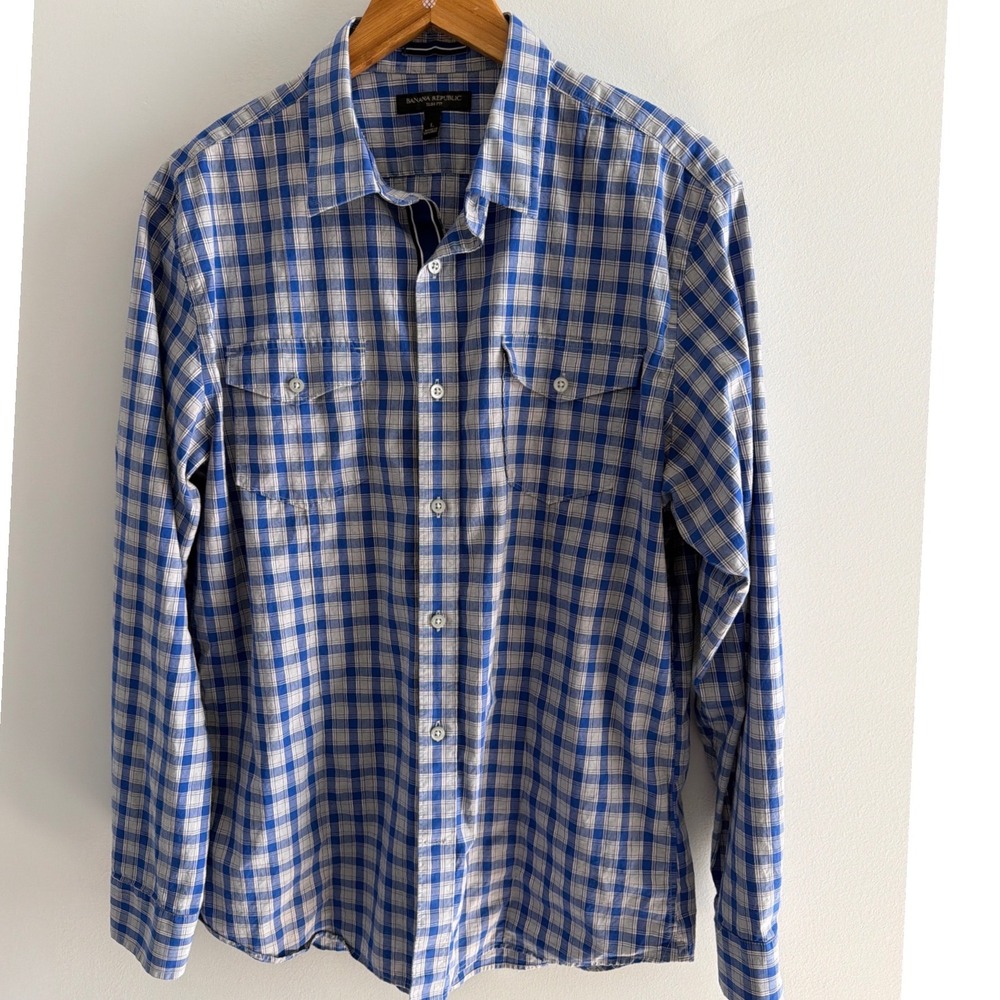Banana Republic Mens Slim Fit Plaid Button Down Shirt Blue Grey Large L Pockets